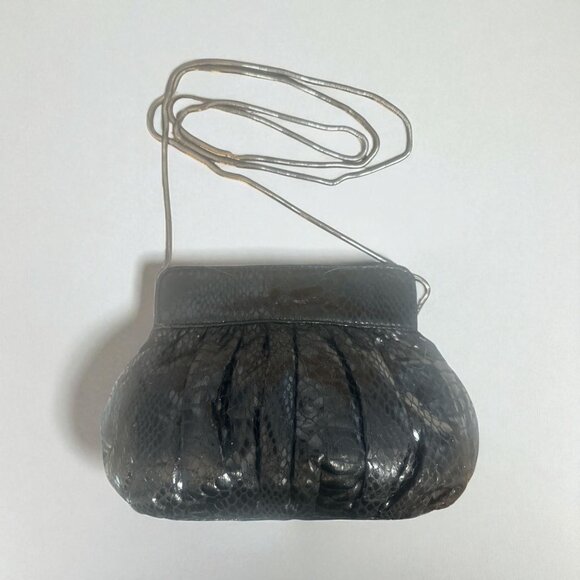 White House Black Market Snake Embossed Clutch Pleated Evening Bag Chain Strap - Picture 4 of 7